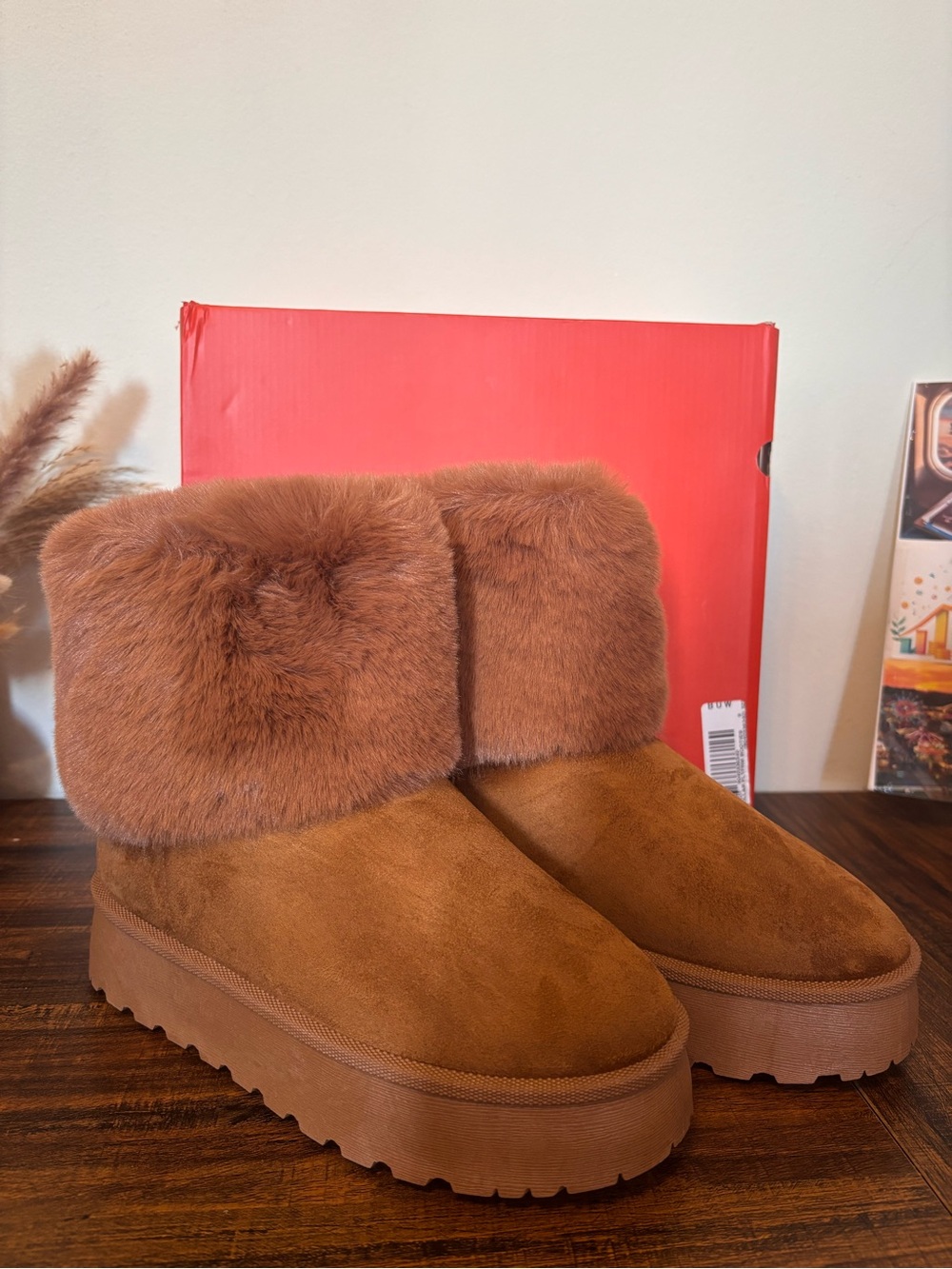 Women’s Faux Fur Cuff Platform Ankle Boots - Brown
